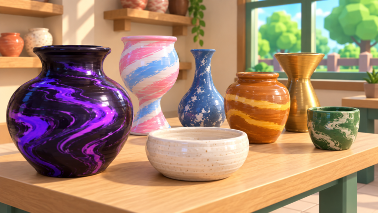 Official promotional image: glazed vases and bowls on a wooden table.